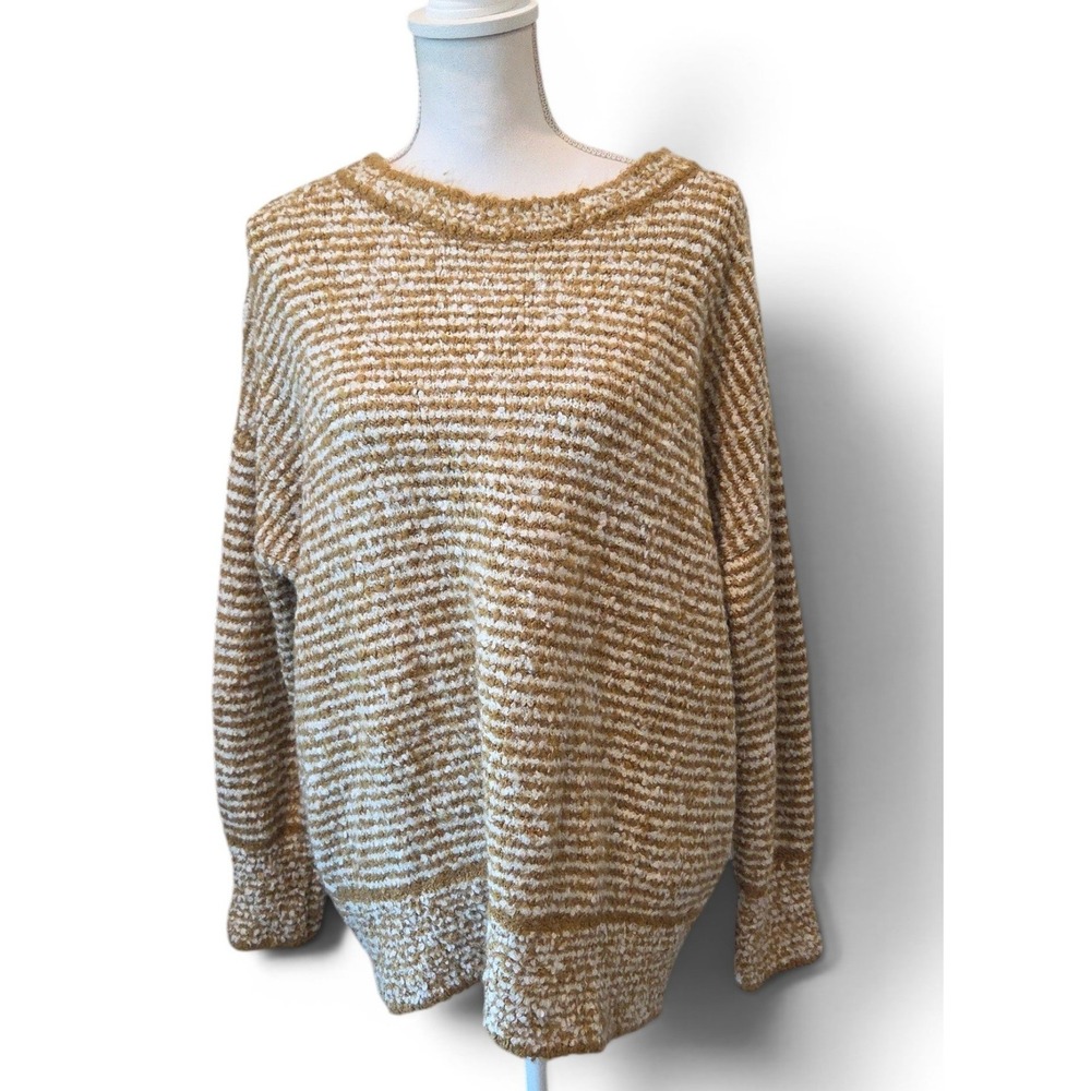 Laurel Grey Sweater Wool Blend Striped Popcorn Knit Oversized Yellow Boho XL